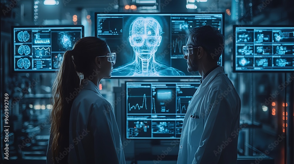 Scientists analyze brain scans in a sleek, modern lab, pushing the boundaries of knowledge. Scientists analyze brain scans in a sleek, modern lab, pushing the boundaries of knowledge.