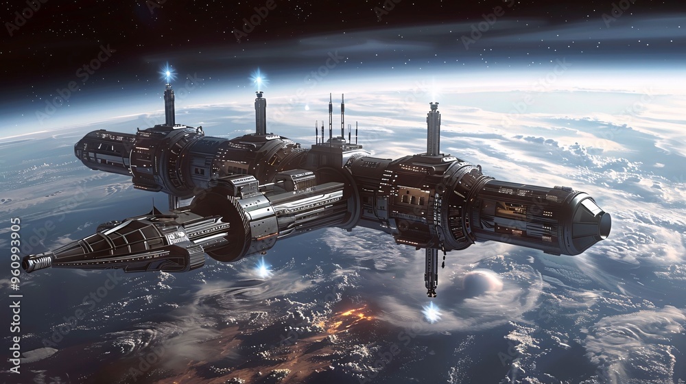 Obraz premium Futuristic Spaceship Orbiting Earth