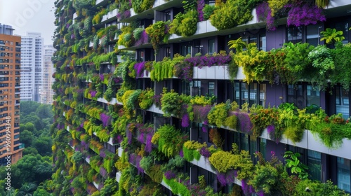 A side view of an urban skyscraper with a lush vertical garden featuring a variety of vibrant plants and flowers. The greenery cascades down the facade, adding a touch of nature to the modern #960994348