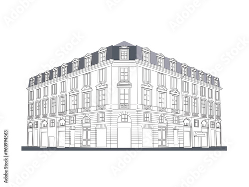 Traditional Paris house. Beautiful vector illustration in modern style isolated on a light blue background.