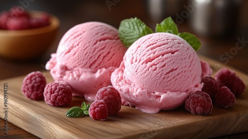 Delicious Pink Ice Cream with Raspberries and Mint