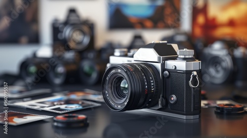 A classic vintage camera, surrounded by film rolls and photography accessories, is displayed on a table, evoking a sense of nostalgia. The carefully arranged scene captures the timeless art of