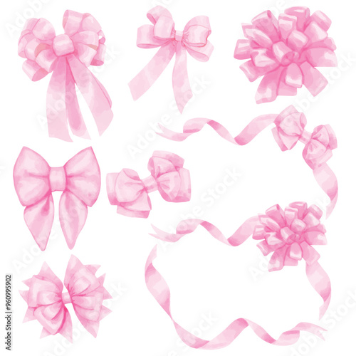 Vector Set of bows pink color. Watercolor hand drawn illustration isolated on a white background
