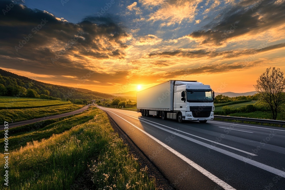 White truck driving on the asphalt road in rural landscape at sunset, ai White truck driving on the asphalt road in rural landscape at sunset, ai