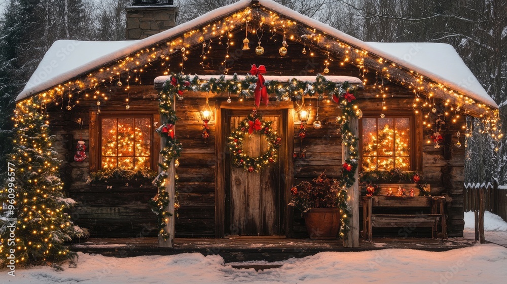 custom made wallpaper toronto digitalRustic wooden cabin decorated with jingle bells, garlands, and Christmas lights in a winter wonderland setting