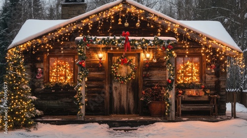 Wallpaper Mural Rustic wooden cabin decorated with jingle bells, garlands, and Christmas lights in a winter wonderland setting Torontodigital.ca