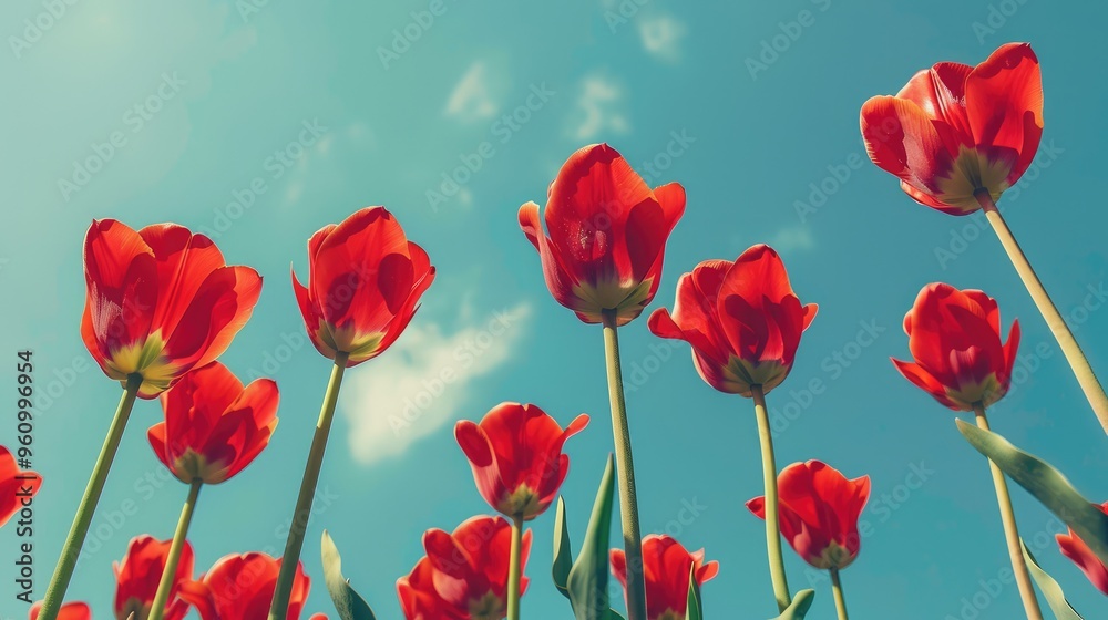 Fototapeta premium Red tulips against blue sky