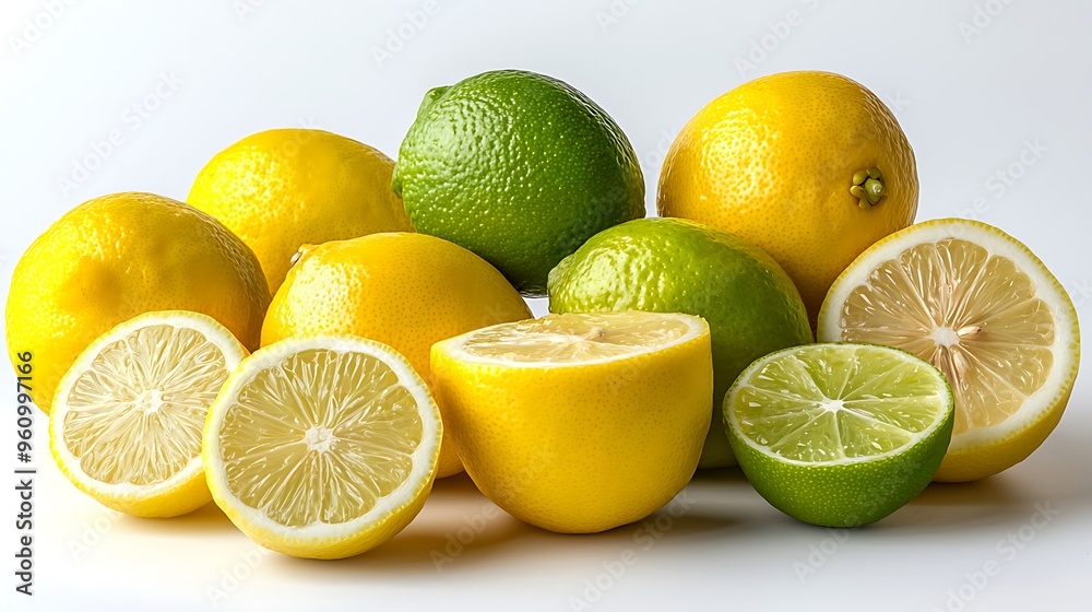 Fresh lemons and limes sit against a white background, radiating a zesty, vibrant appeal. Fresh lemons and limes sit against a white background, radiating a zesty, vibrant appeal.