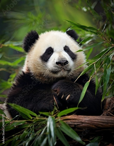 A giant panda relaxes comfortably among green bamboo leaves, showcasing its distinctive black and white fur. The serene setting in a lush bamboo forest emphasizes the panda's peaceful nature, making