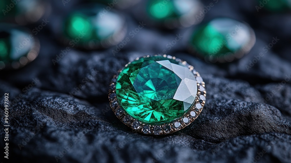 Emerald Gemstone with Facets on a Rough Black Surface Emerald Gemstone with Facets on a Rough Black Surface