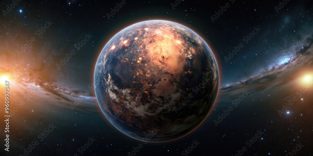 Obraz premium Glowing exoplanet 360 degree panorama texture, exoplanet, glowing, space, interstellar, galaxy, universe, stars, alien