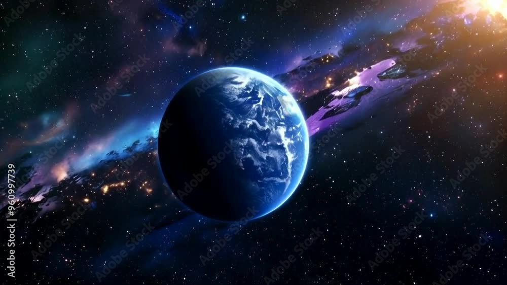 A stunning view of planet Earth from outer space, with a galaxy of stars and a bright sun in the background. A stunning view of planet Earth from outer space, with a galaxy of stars and a bright sun in the background.