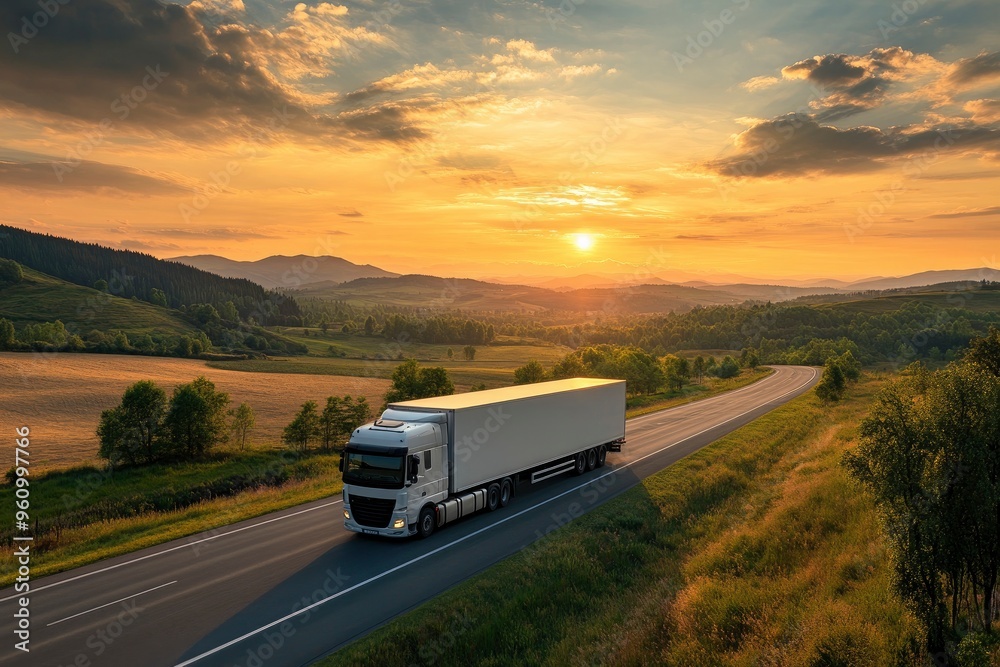 Obraz premium White truck driving on the asphalt road in rural landscape at sunset, ai