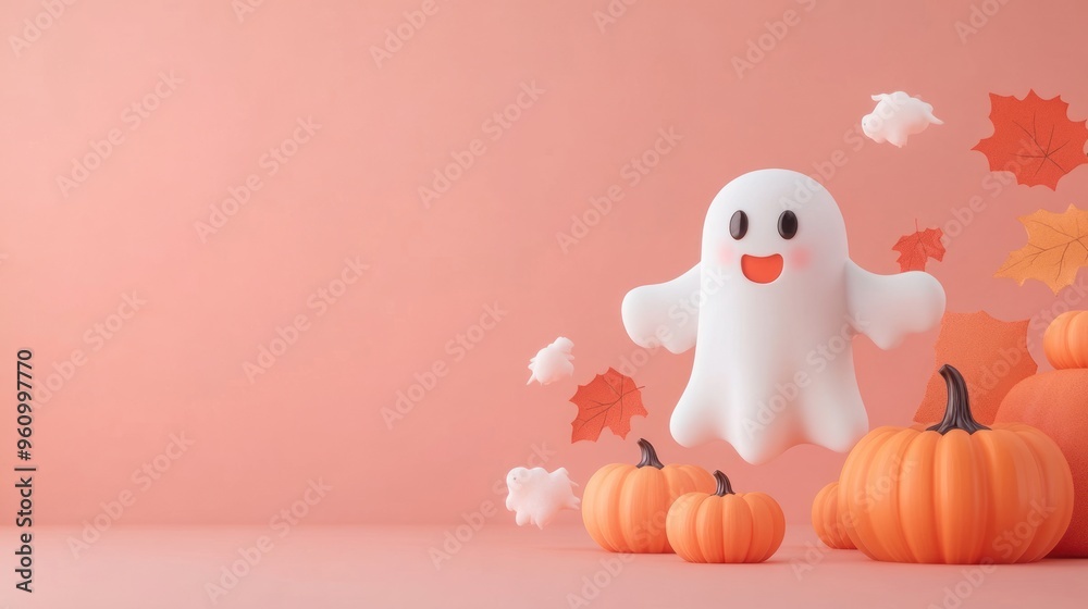 A ghost is flying over a table full of pumpkins A ghost is flying over a table full of pumpkins