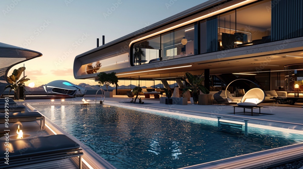 Fototapeta premium Modern Futuristic Villa with Swimming Pool and Sunset View