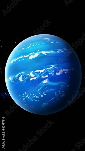 A blue planet with white clouds and swirling patterns in space.