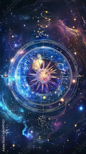 A celestial compass with a sun-like star at its center surrounded by a ring of constellations and planets against a dark background of stars, nebulae, and cosmic dust.