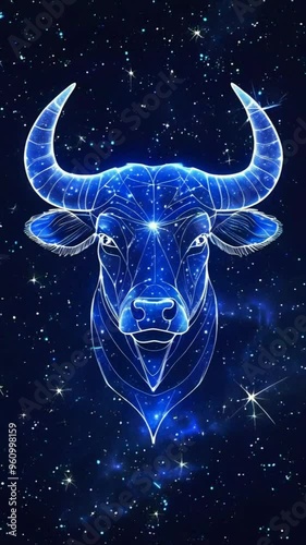 A stylized bull's head is outlined in bright blue lines against a dark, starry sky.