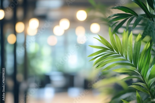 Blur background of contemporary office with greenery and bright natural light. Office interior photography. Sustainable workplace environment concept. Design for eco-friendly office spaces. Spate , ai