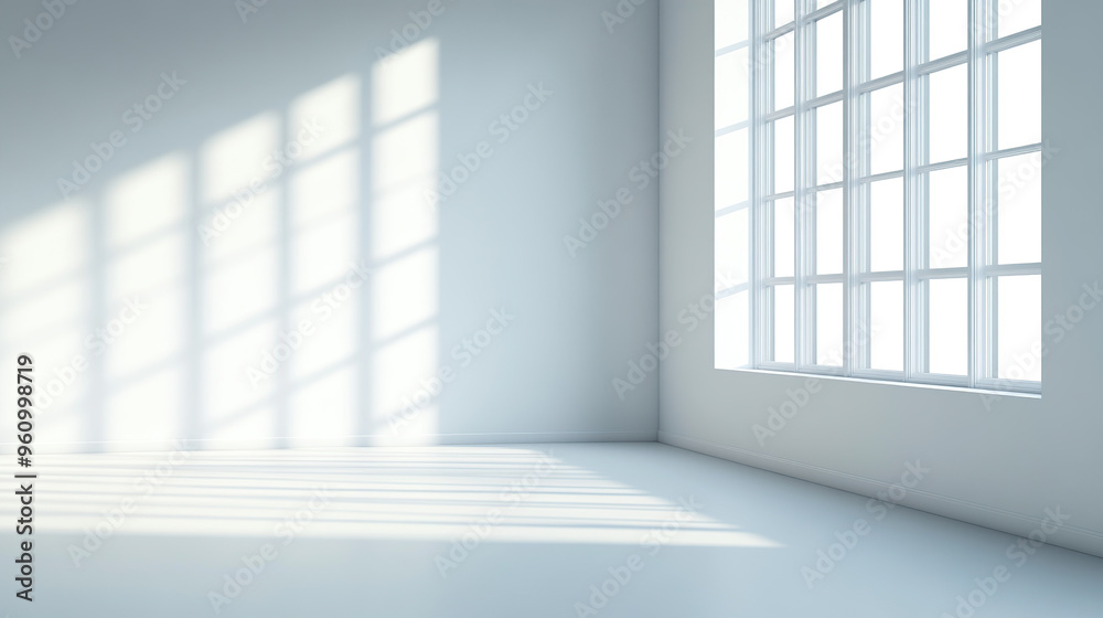 A clean, white room with sunlight streaming in through the window, casting shadows on an empty wall