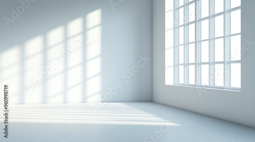 Obraz na płótnie A clean, white room with sunlight streaming in through the window, casting shadows on an empty wall w salonie