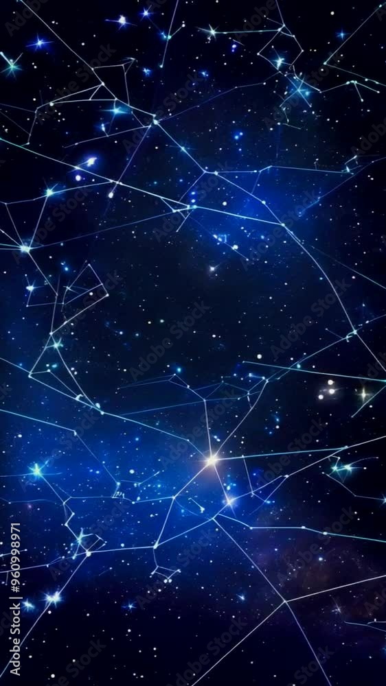 Abstract constellation with stars connected by lines on a dark blue background.