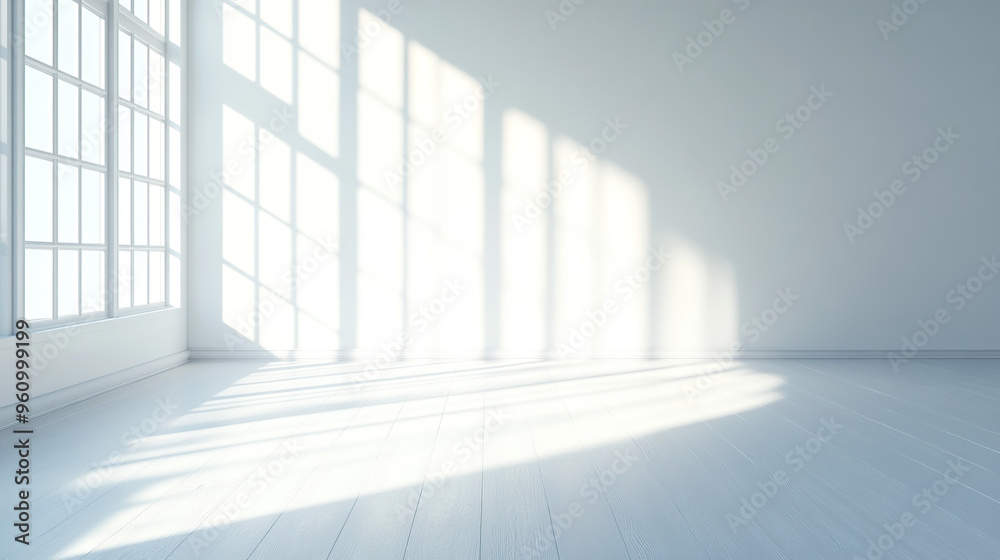 Fototapeta premium A clean, white room with sunlight streaming in through the window, casting shadows on an empty wall