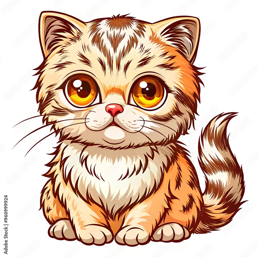 Friendly cartoon cat with a warm smile sitting contentedly on white background Friendly cartoon cat with a warm smile sitting contentedly on white background