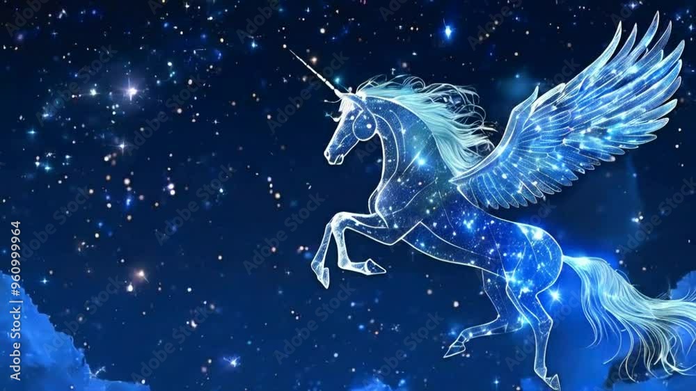 A white unicorn with wings, made of stars, flies through a starry night sky. A white unicorn with wings, made of stars, flies through a starry night sky.