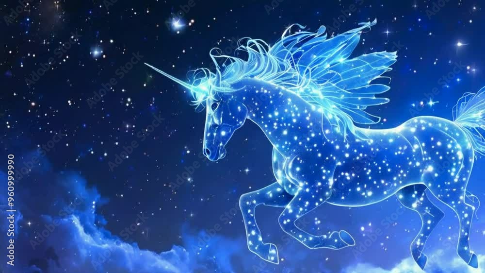 A sparkling blue unicorn runs through a starry night sky, with a glowing horn and flowing mane. A sparkling blue unicorn runs through a starry night sky, with a glowing horn and flowing mane.