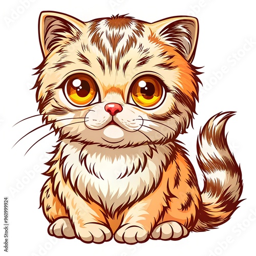 Friendly cartoon cat with a warm smile sitting contentedly on white background