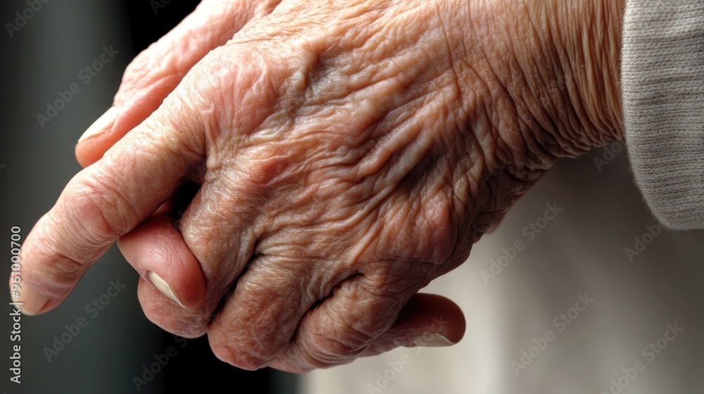 Fototapeta premium Close-up of an elderly person hand with swollen joints, showing visible signs of arthritis and pain