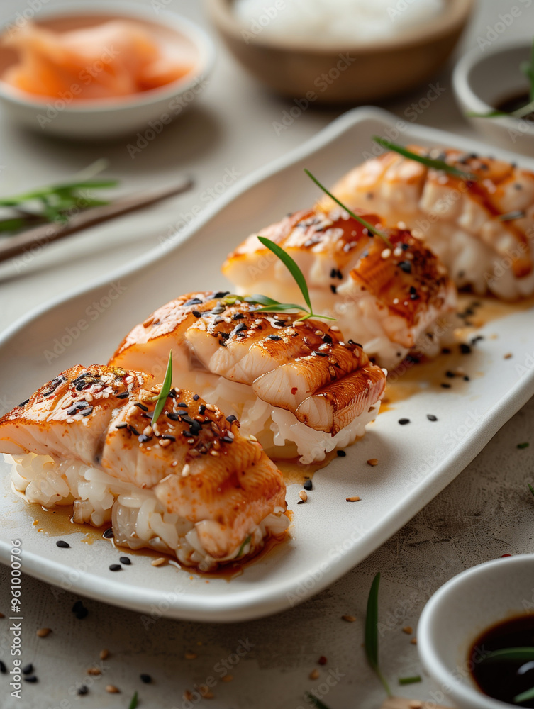 Gourmet Anago Nigiri eel sushi glazed with soy sauce in an elegant setting Gourmet Anago Nigiri eel sushi glazed with soy sauce in an elegant setting