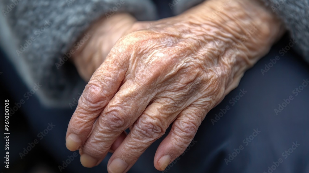 Fototapeta premium Close-up of an elderly person hand with swollen joints, showing visible signs of arthritis and pain