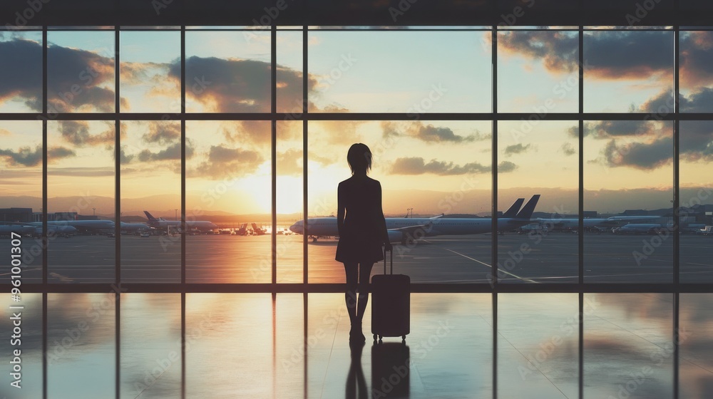 Silhouette of a Traveler Looking Out Airport Window Silhouette of a Traveler Looking Out Airport Window