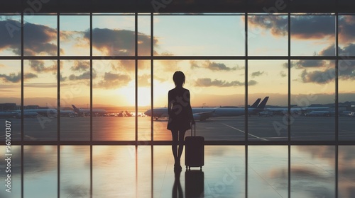 Silhouette of a Traveler Looking Out Airport Window