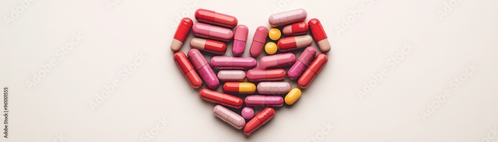 Vitamin capsules in a heart shape, promoting health and longevity, 3D illustration Vitamin capsules in a heart shape, promoting health and longevity, 3D illustration