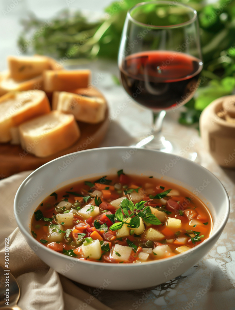 Rustic side view of Gazpacho soup with fresh basil and tomatoes Rustic side view of Gazpacho soup with fresh basil and tomatoes
