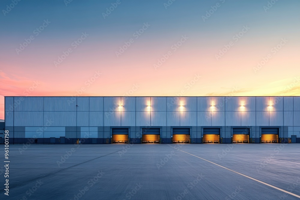 Obraz premium Modern Industrial Warehouse at Sunset with Clear Sky, ai