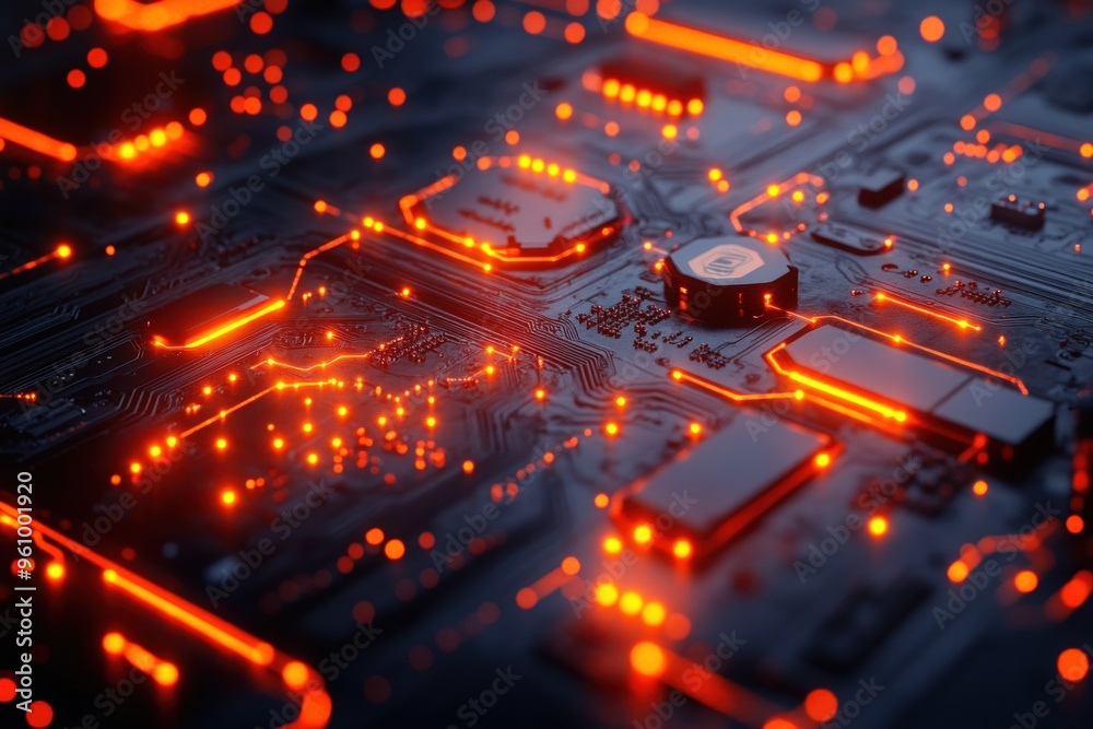 Closeup of a glowing circuit board with red lights. Closeup of a glowing circuit board with red lights.