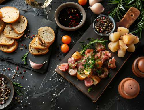 Assorted Spanish tapas in a rustic setting on dark background