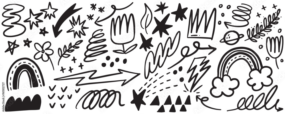 Hand-Drawn Doodle Elements with Stars, Arrows, Flowers, and Rainbow| Abstract Vector Icons for Creative Design and Artistic Projects | Sketchy Symbols Collection