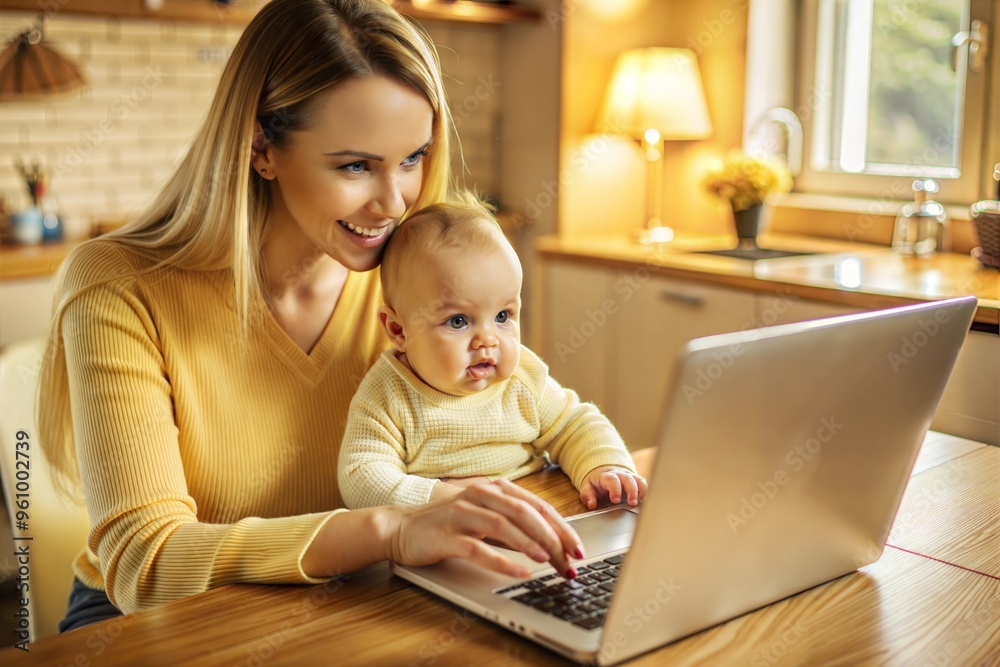 Mother working from home holding baby and smiling Mother working from home holding baby and smiling