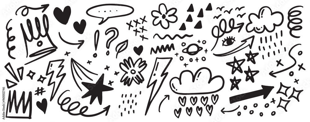 Obraz premium Hand-Drawn Doodle Elements with Stars, Arrows, Hearts, and Lightning | Abstract Vector Icons for Creative Design and Artistic Projects | Sketchy Symbols Collection