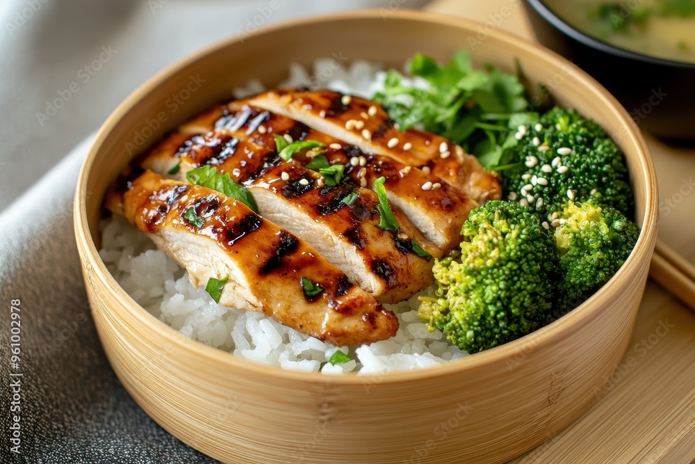 A bowl of rice topped with grilled chicken and broccoli, served with soup. A bowl of rice topped with grilled chicken and broccoli, served with soup.