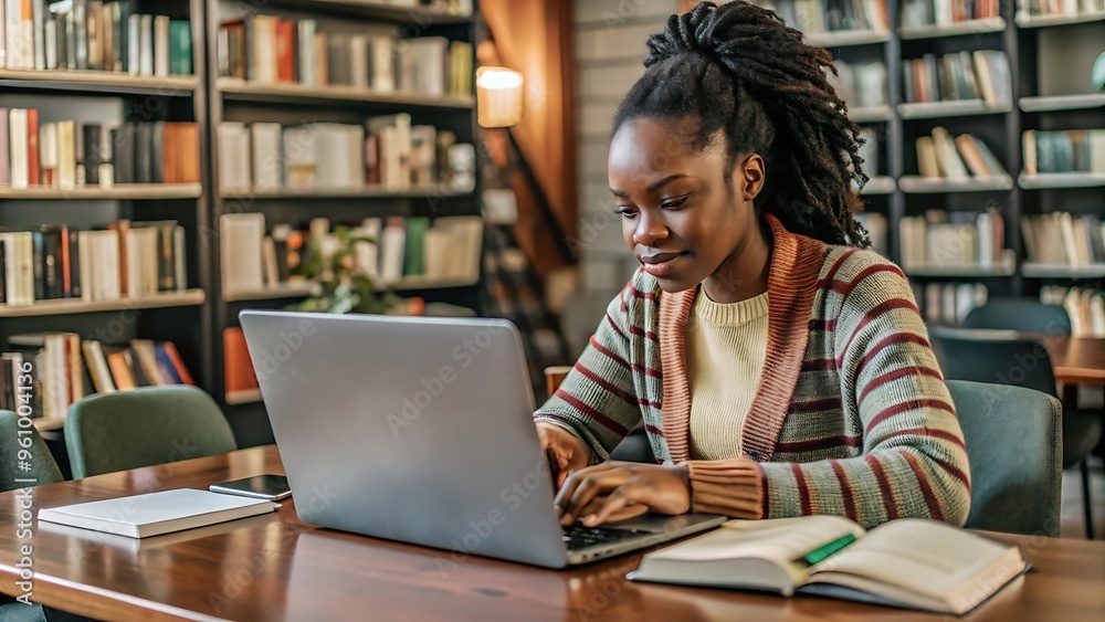 Young Woman Working on Laptop in Library. Young Woman Working on Laptop in Library.
