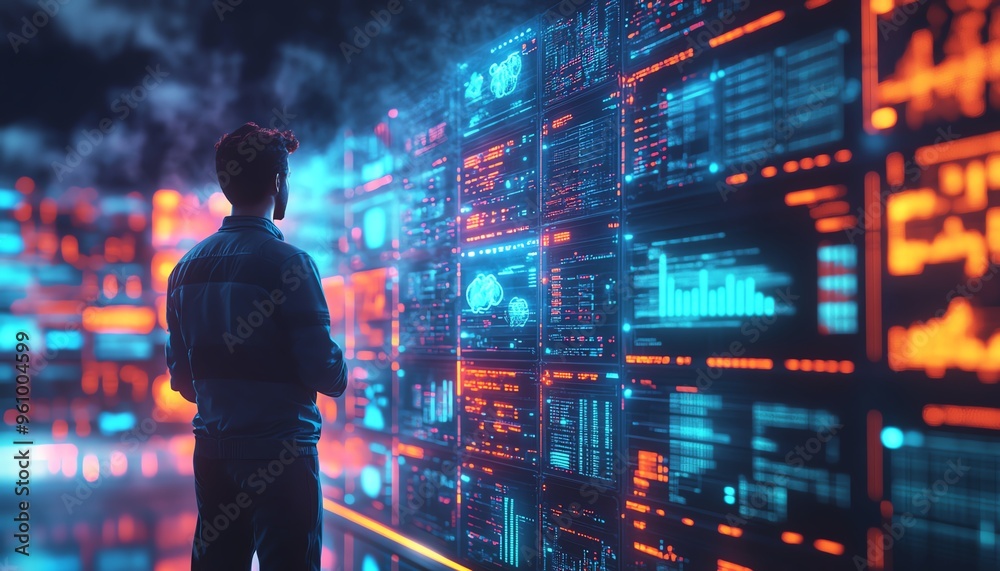 Big Data and Cloud Computing set with 3D illustration of Qadir, male figure, analyzing large data sets on remote servers, identifying mistakes, actionable data concept Big Data and Cloud Computing set with 3D illustration of Qadir, male figure, analyzing large data sets on remote servers, identifying mistakes, actionable data concept