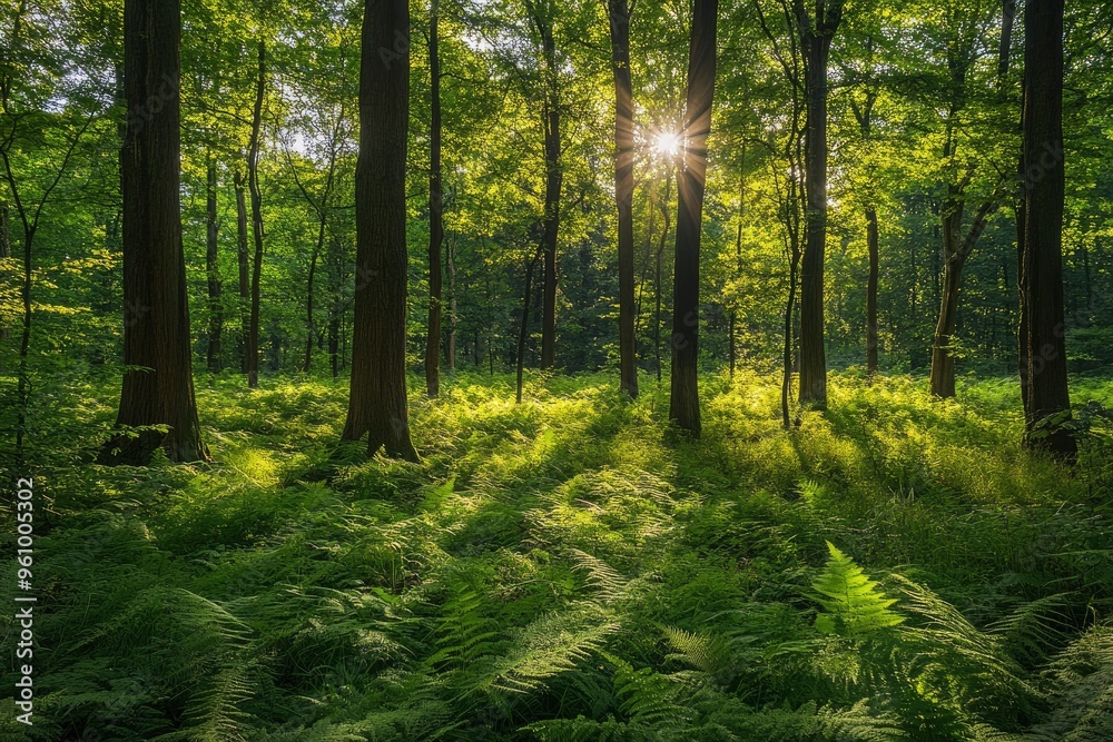 Naklejka premium Serene Sunlit Forest with Lush Green Undergrowth - Peaceful Woodland Landscape , ai