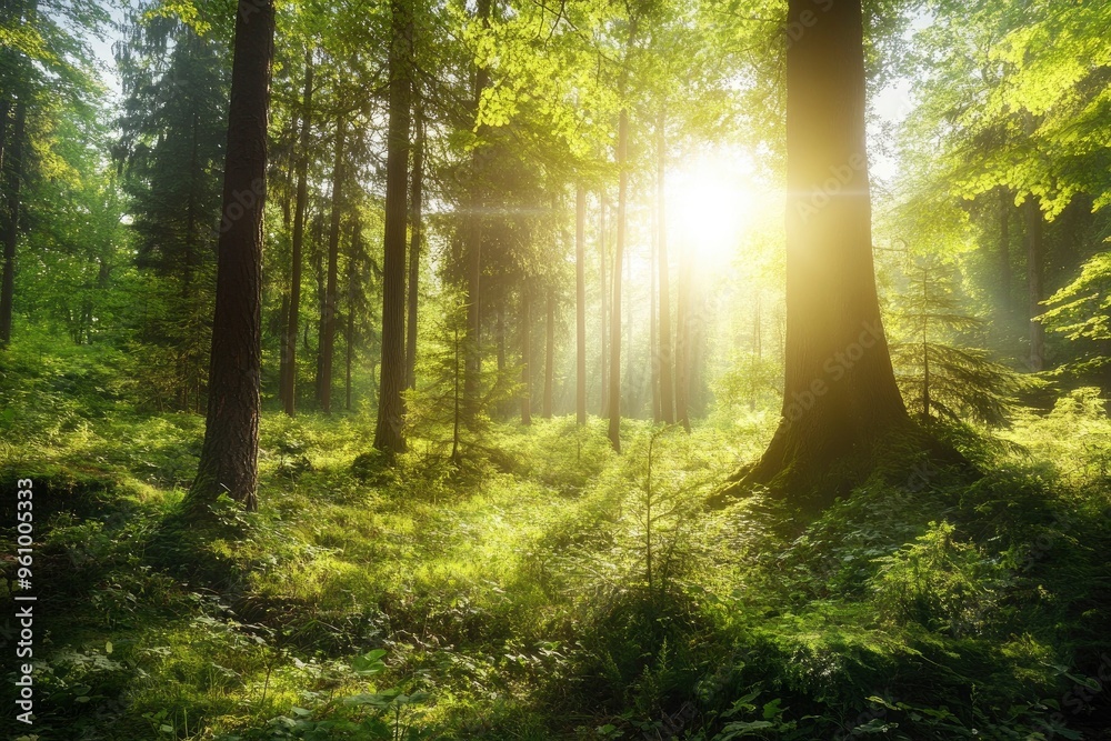 Fototapeta premium Serene Sunlit Forest with Lush Green Undergrowth - Peaceful Woodland Landscape , ai