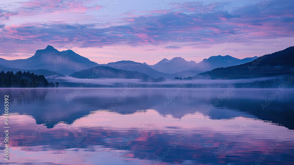 Fototapeta premium Peaceful Morning at the Lake with Still Water and Mist Rising from the Surface